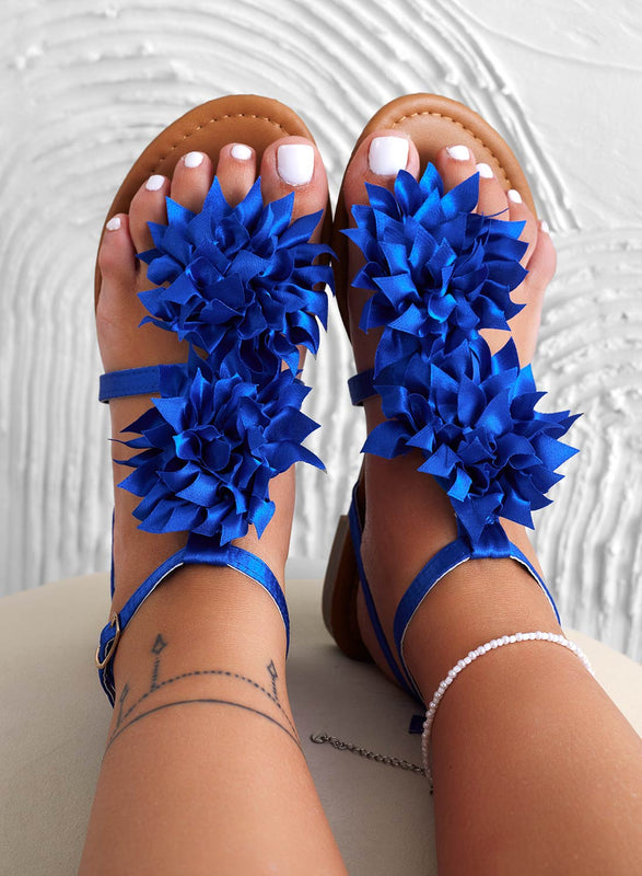 CONNIE - Blue satin thong sandals with applied flower