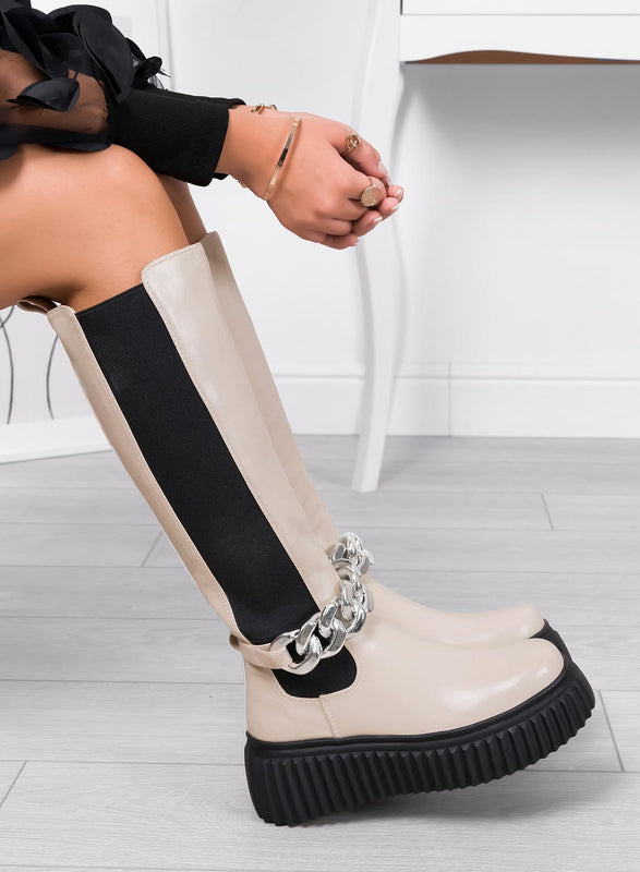 LARA - Alexoo beige boots with elastic and removable chain