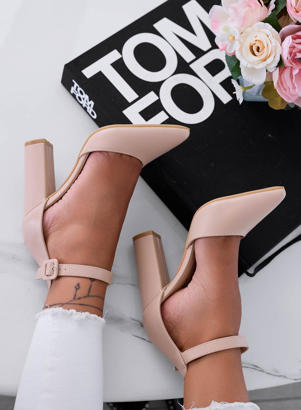 LUNA - Beige décolleté with ankle strap and heel