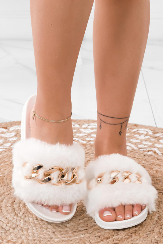 HONEY - White faux fur slipper sandals with golden chain