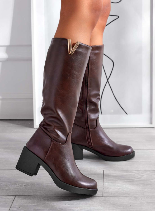 ALICE - Brown imitation leather boots with comfortable wide heels