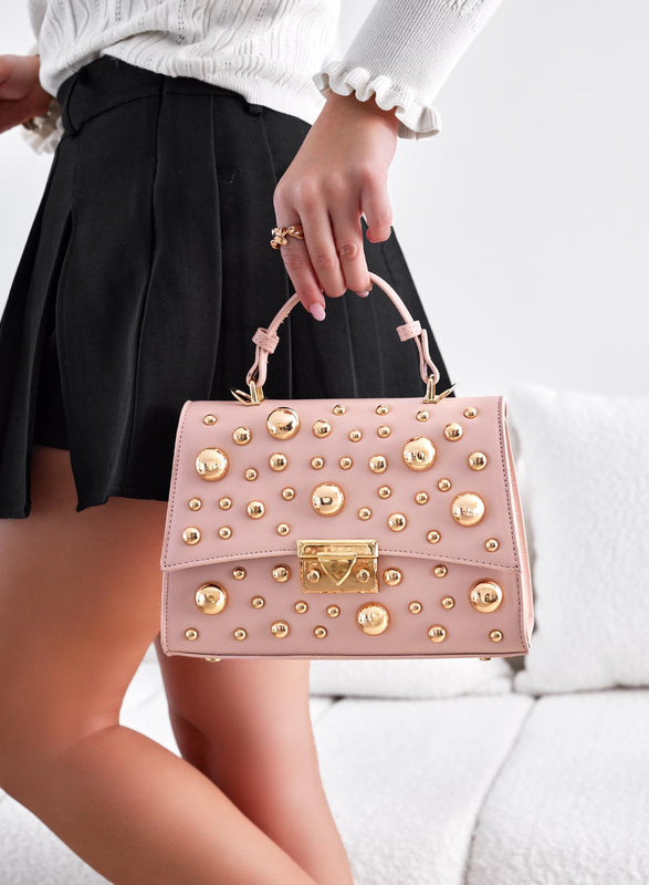 Pink bag with gold sphere studs and shoulder strap B231