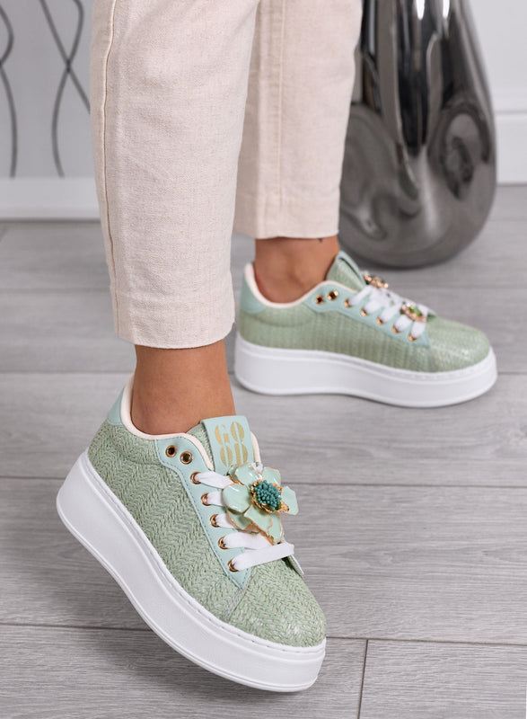 DOROTY - Mint Green Sneakers with Jewel Flower Appliqués and Platform Sole