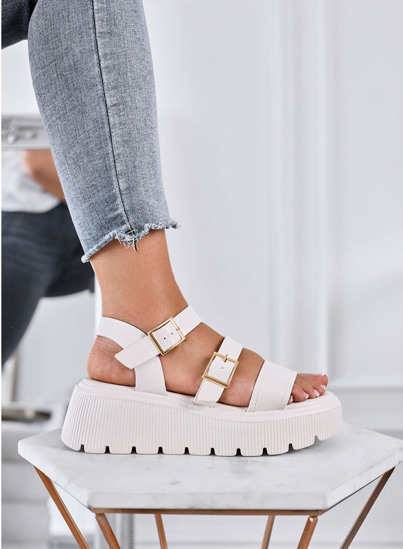 MORA – Beige chunky sandals with double gold buckle and lug sole