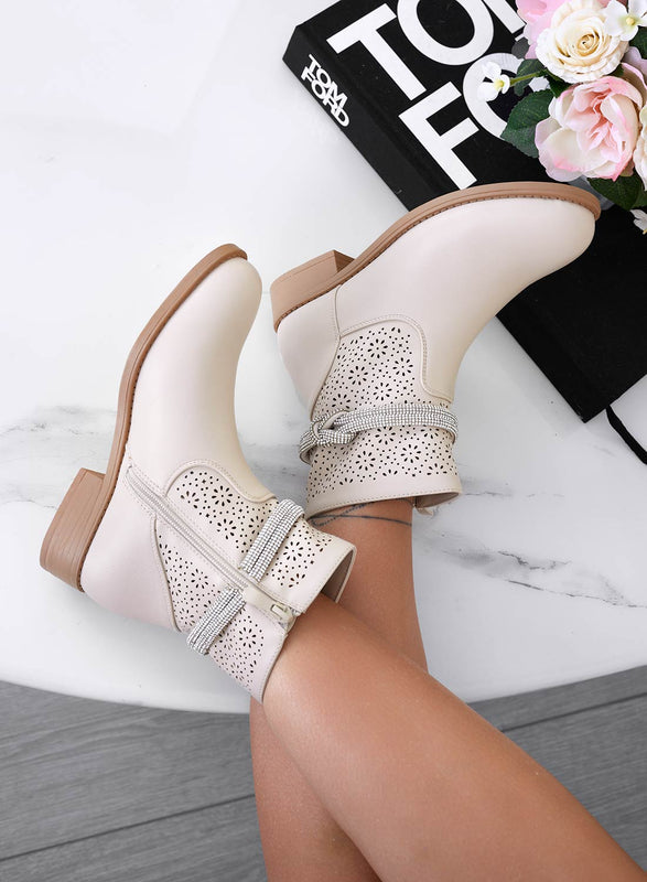 KATE - Beige perforated ankle boots with jewel band