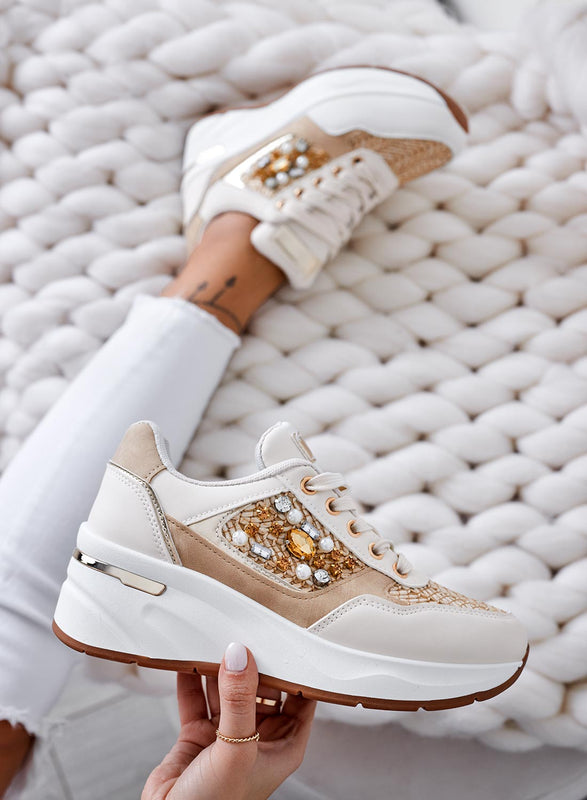 COOPER - Beige sneakers with fabric and jewel inserts