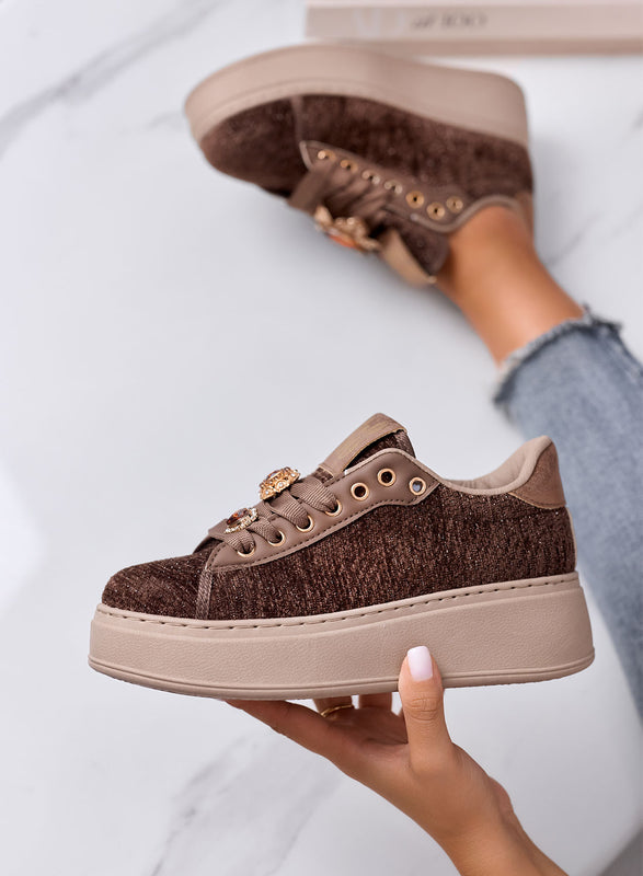 NINFA - Brown platform sneakers in laminated fabric with jewel embellishment
