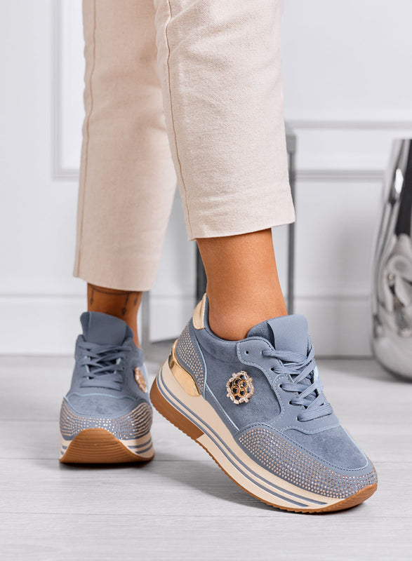 XIOMARA - Blue platform sneakers with gold inserts and rhinestones