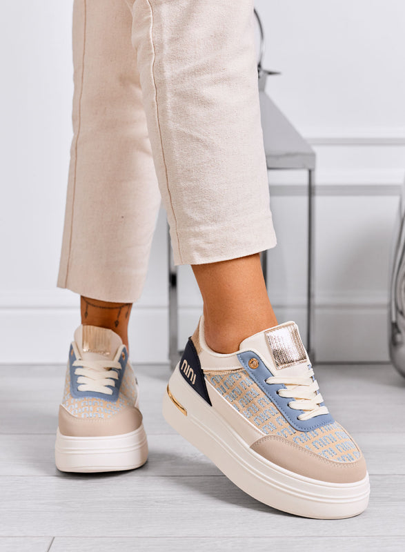CAMILLA - Blue platform sneakers with beige fabric inserts