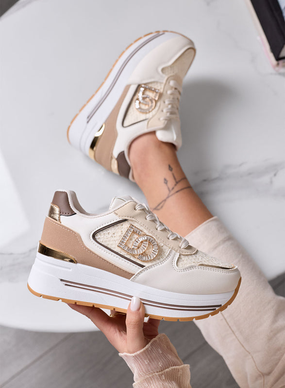 ESTER - Sneakers beige Platform con Dettagli marroni e Logo Gioiello