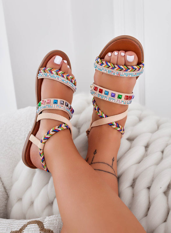 HENRY - Beige flat sandals with rhinestones and multicolor studs