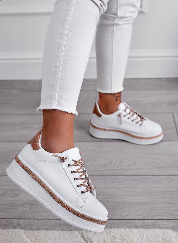 FRANKIE - White sneakers with rose gold jewel laces