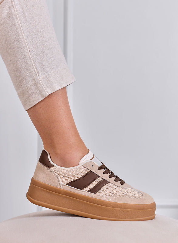 MARISOL - Baskets beiges avec empiècements marron et semelle en caoutchouc