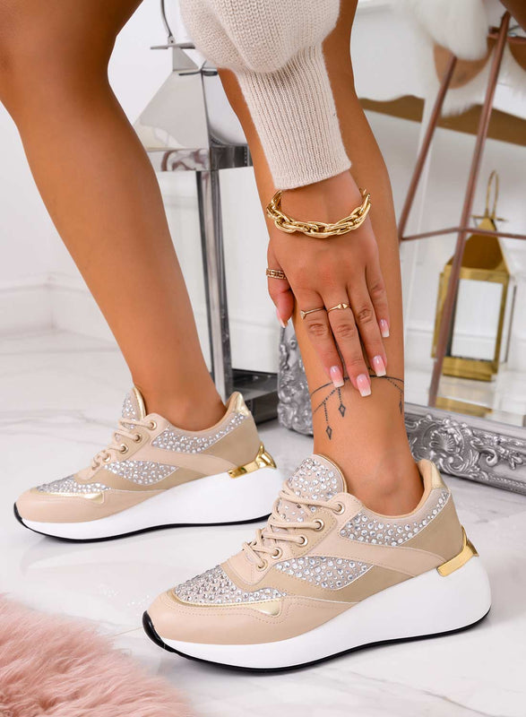 NIVES - Beige sneakers with chunky sole and rhinestones