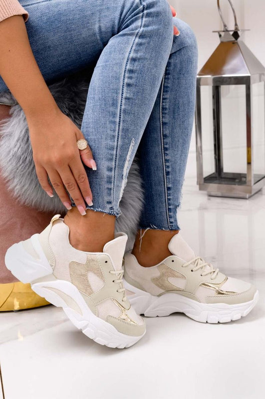 IRMA -  Beige sneakers with chunky sole and golden details