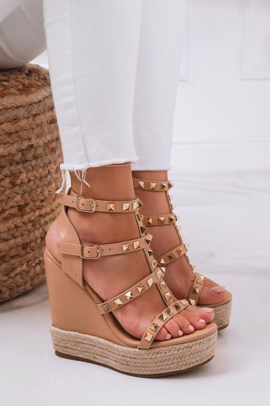 BETTA - Beige lace up wedge sandals with gold studs