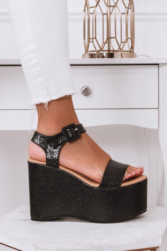 EDERA - Black python sandals with platform wedge