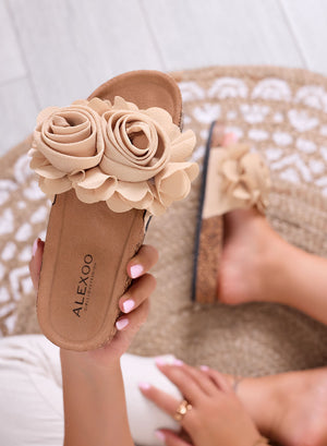 SUMMER - Beige slide sandals with applied flowers