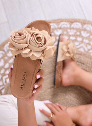 ÉTÉ - Sandales beige à enfiler avec fleurs appliquées