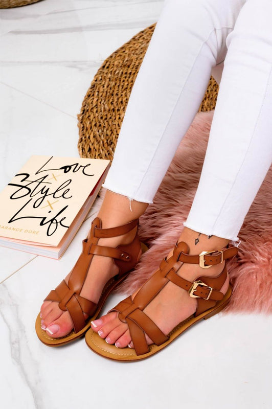 SIBILLA - Camel flat strappy sandals with golden buckles
