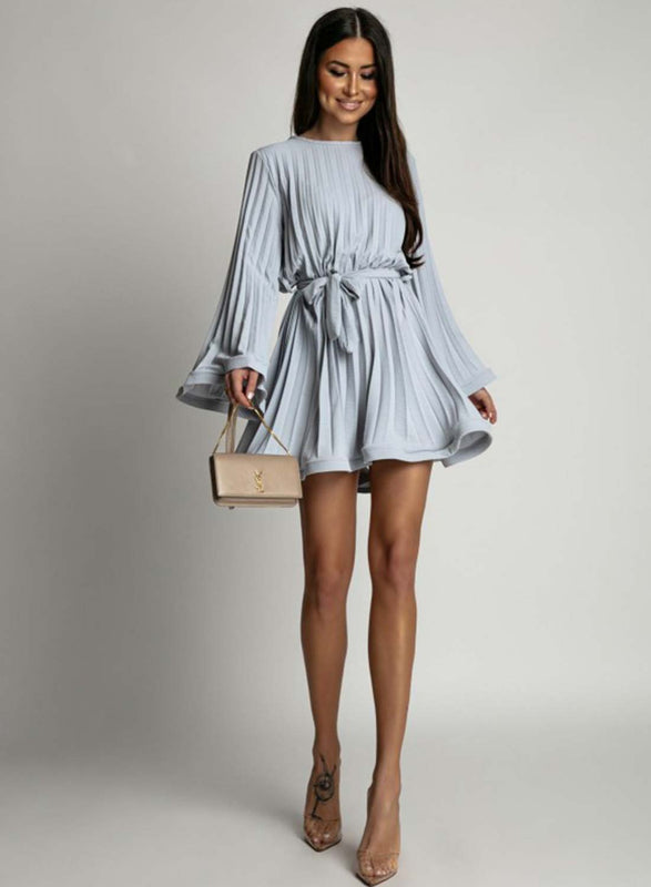 Grey pleated dress with a waist tie