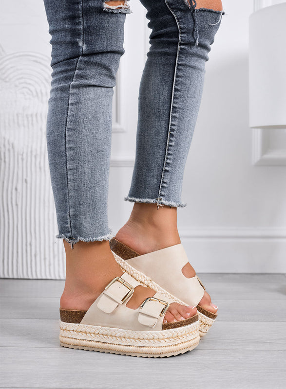 DANIEL – Beige platform slide sandals with double buckle and rope sole
