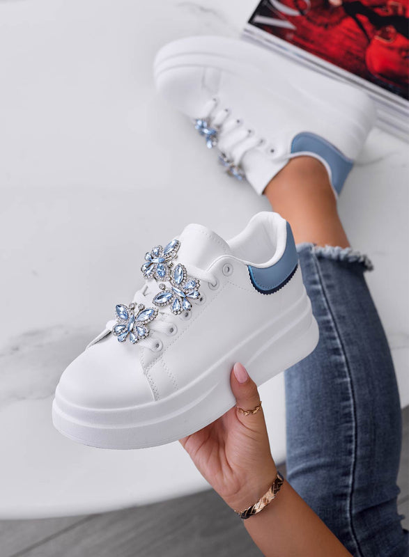IRENE - White sneakers with blue heel and jeweled butterflies