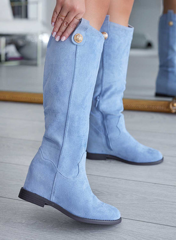 ROYAL - Bottes Alexoo bleues avec semelle compensée intérieure et bouton doré