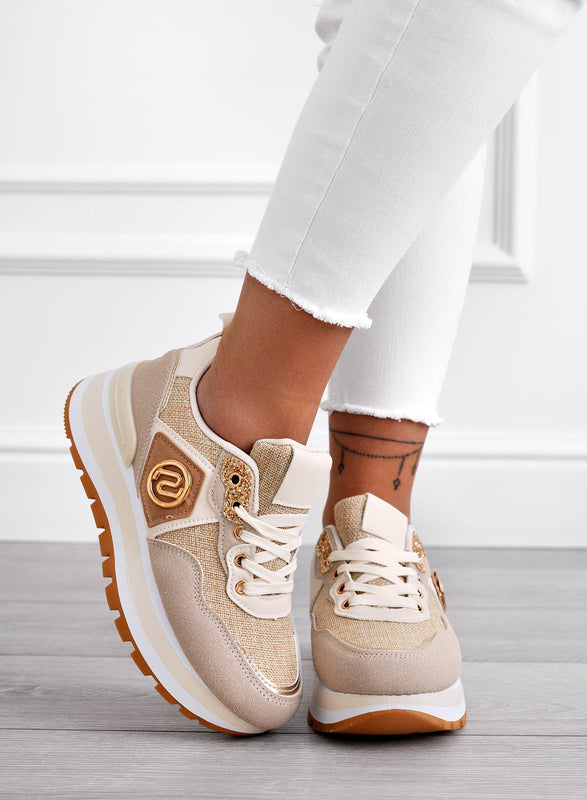 ERSILIA - Beige fabric sneakers with gold inserts