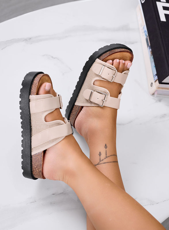 GOMEZ - Beige platform sandals slippers with double buckle