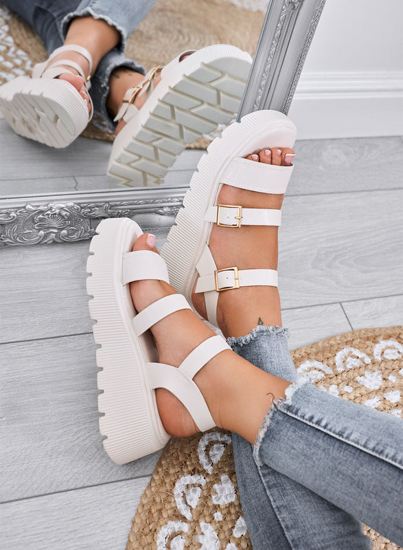 MORA – Beige chunky sandals with double gold buckle and lug sole
