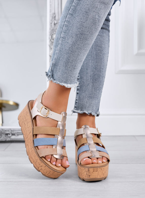 MATILDE - Multicolor sandals with cork-effect platform wedge