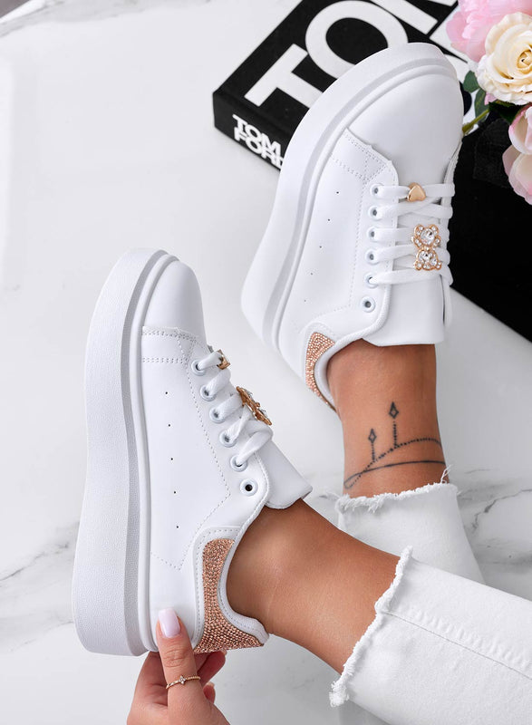 LAURA - White sneakers with jewel application and rose gold rhinestone back