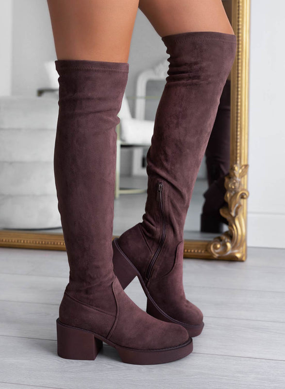 SLOANE - Alexoo Brown Suede Thigh High Boots