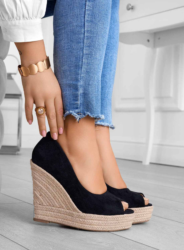 CLEO - Black suede espadrilles with wedge