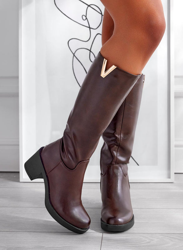 ALICE - Brown imitation leather boots with comfortable wide heels