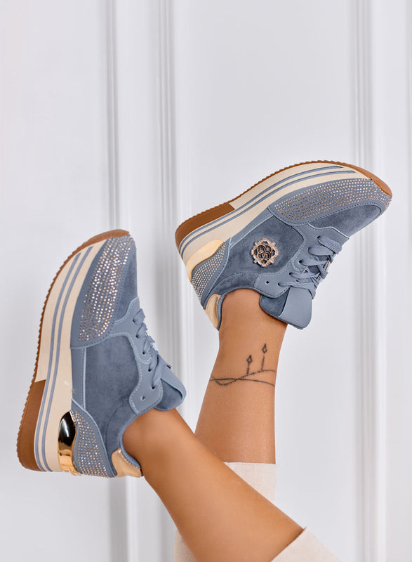 XIOMARA - Blue platform sneakers with gold inserts and rhinestones