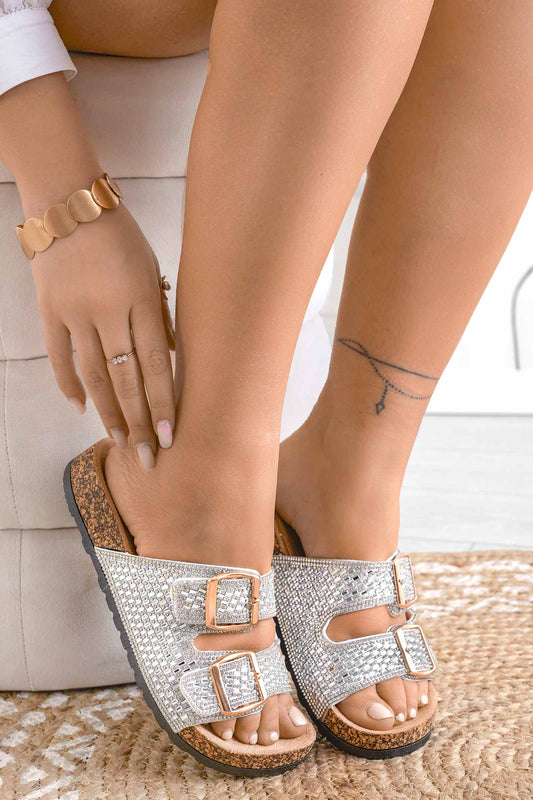 VACATION - Sandalias joya tipo chancla con suela efecto corcho plateado Alexoo