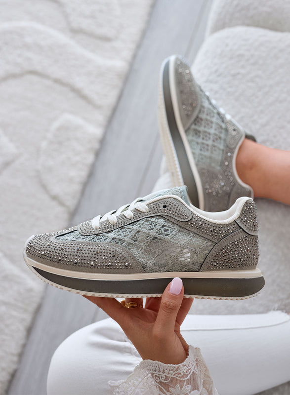 LORENA - Green Sneakers with Lace and Shiny Rhinestones