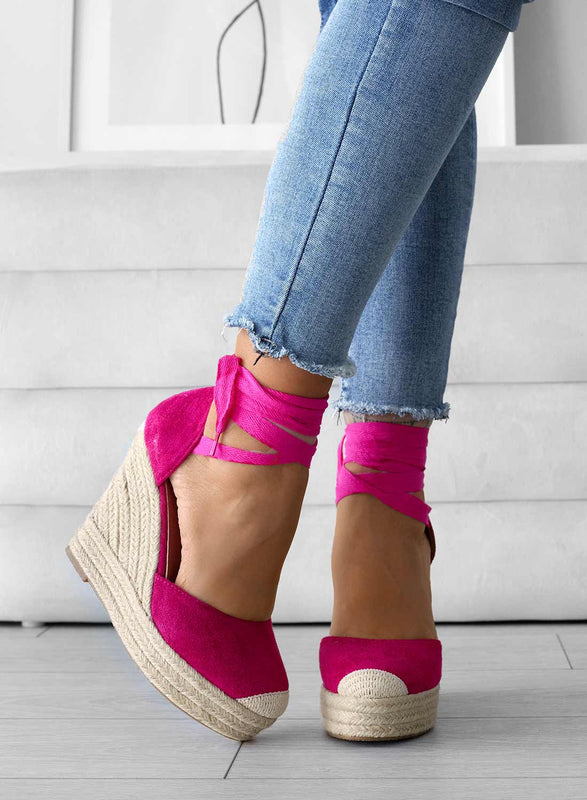 AMBRA - Fuchsia espadrilles with rope wedge and lace