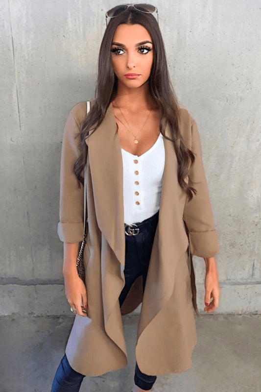 Light brown coat with waist drawstring