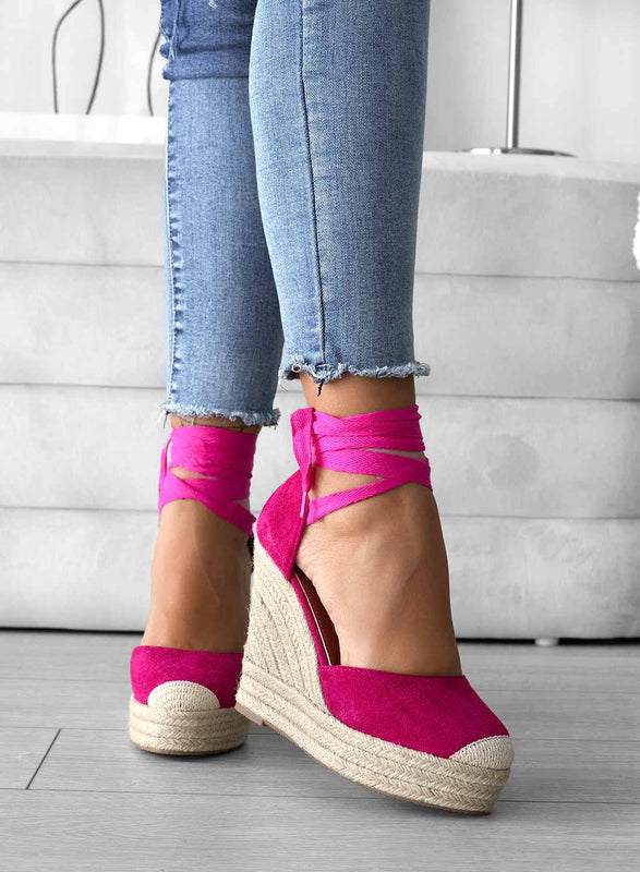 AMBRA - Fuchsia espadrilles with rope wedge and lace