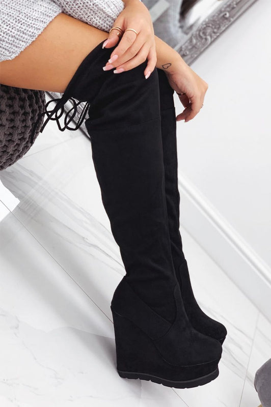 GEMMA - Black suede over the knee boots with wedge