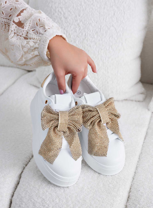 BELGA - White sneakers with gold rhinestone bow