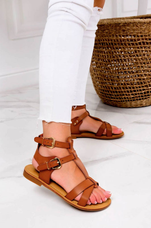 SIBILLA - Camel flat strappy sandals with golden buckles