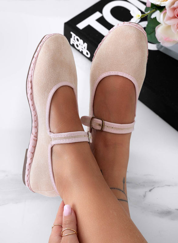JENNIFER - Beige suede Friulian ballet flats with buckle