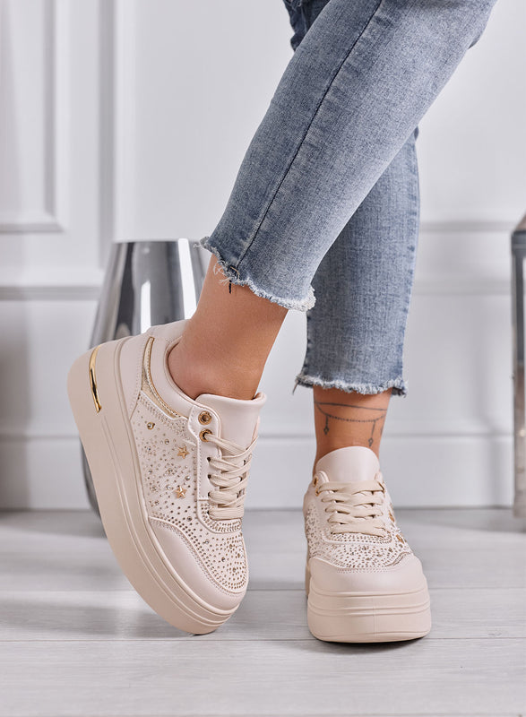 MELANIA - Sneakers Donna beige con Strass, Stelline e Suola Platform