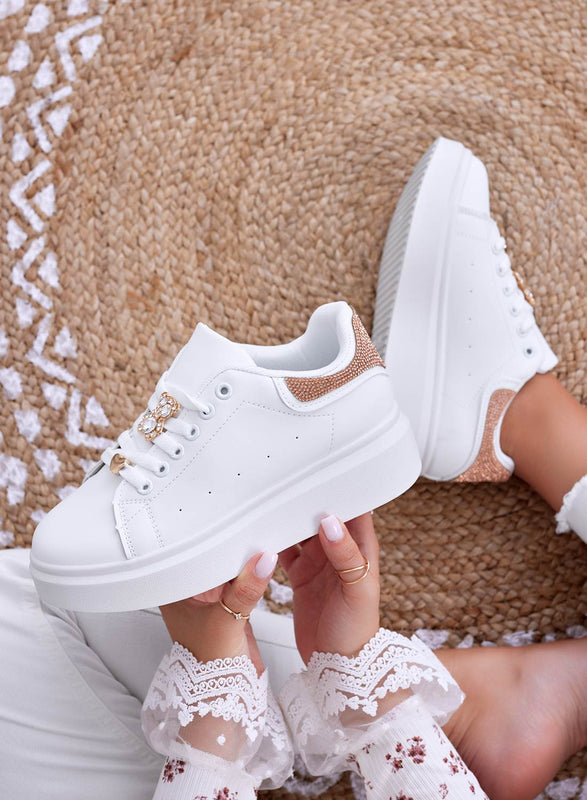 LAURA - White sneakers with jewel application and rose gold rhinestone back