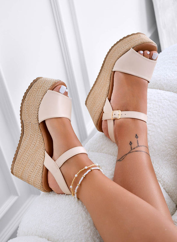 SERENITY - Beige wedge sandals with ankle strap