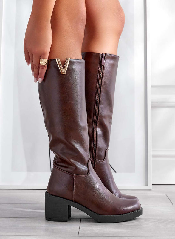 ALICE - Brown imitation leather boots with comfortable wide heels